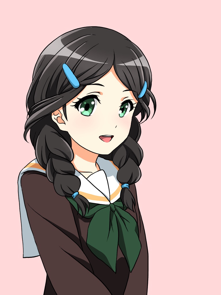 1girl, :d, black_hair, bow, braid, green_bow, green_eyes, hair_ornament