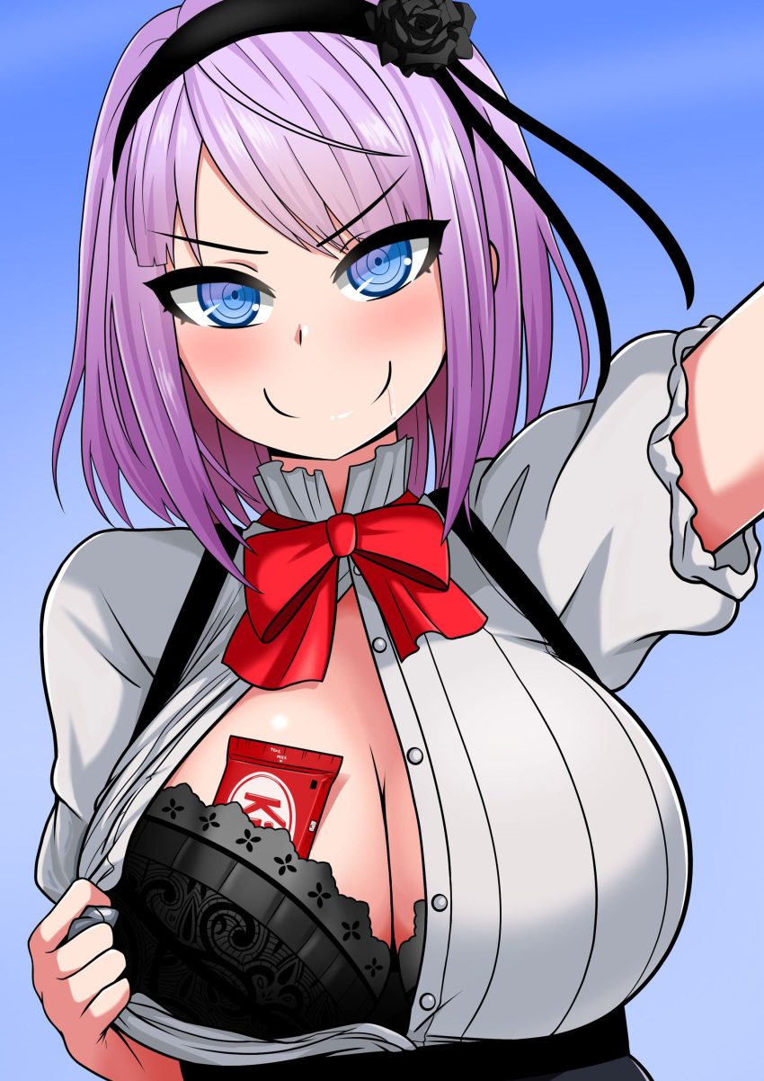 1girl, absurdres, shidare_hotaru, the_only_shoe, bangs, black_bra, blue_eyes, bow, bowtie, bra, breasts, chocolate, cleavage, dagashi_kashi, drooling, english_commentary, eyebrows_visible_through_hair, flower, food, hair_flower, hair_ornament, highres, huge_breasts, kitkat, lace, lace_bra, large_breasts, lavender_hair, looking_at_viewer, one_breast_out, open_clothes, open_shirt, reaching_out, saliva, self_shot, shirt, short_hair, simple_background, skirt, smile, solo, suspender_skirt, suspenders, unbuttoned, underwear, upper_body, v-shaped_eyebrows