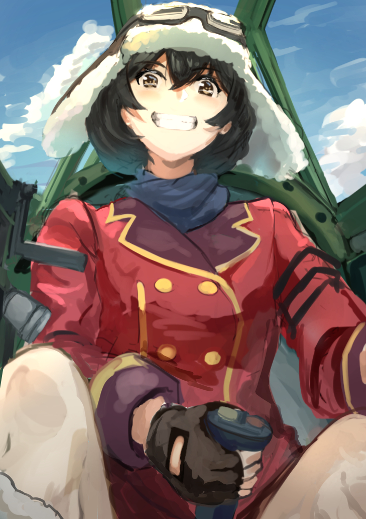 1girl, :d, aircraft, airplane, aviator_cap, black_hair, blue_scarf, blue_sky, brown_eyes, brown_gloves, clouds, day, fingerless_gloves, gloves, goggles, goggles_on_head, grin, hair_between_eyes, jikihatiman, kirie_(kouya_no_kotobuki_hikoutai), kouya_no_kotobuki_hikoutai, long_sleeves, looking_at_viewer, open_mouth, plane_interior, scarf, short_hair, sketch, sky, smile, solo