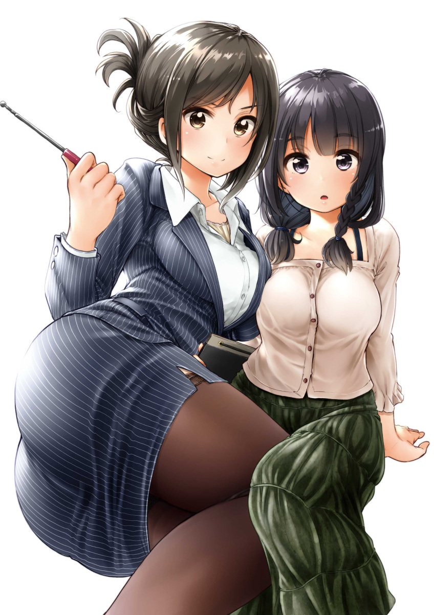 2girls, absurdres, ass, baton, black_hair, blush, braid, breast_press