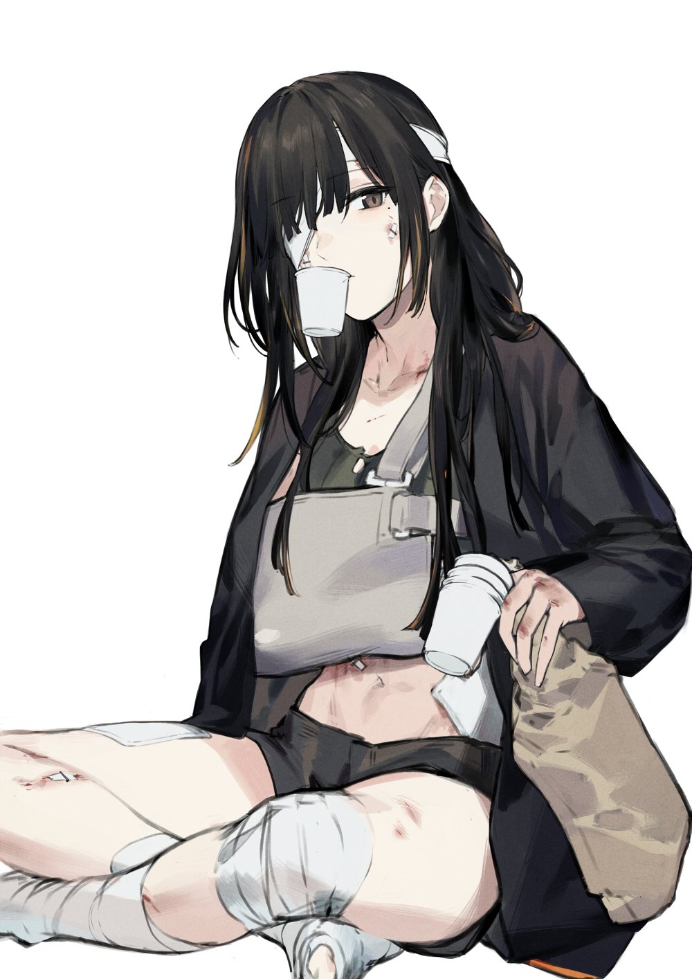 1girl, abs, alternate_costume, arm_sling, bandage, bandage_over_one_eye, bandaged_leg, bandages