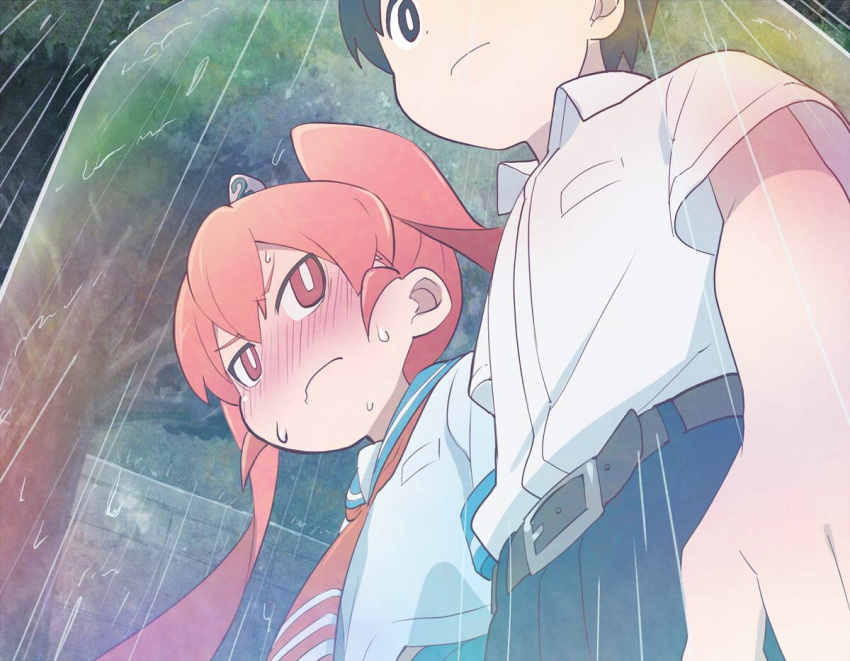 1boy, 1girl, blush, commentary, force_field, from_below, object_on_head, orange_eyes
