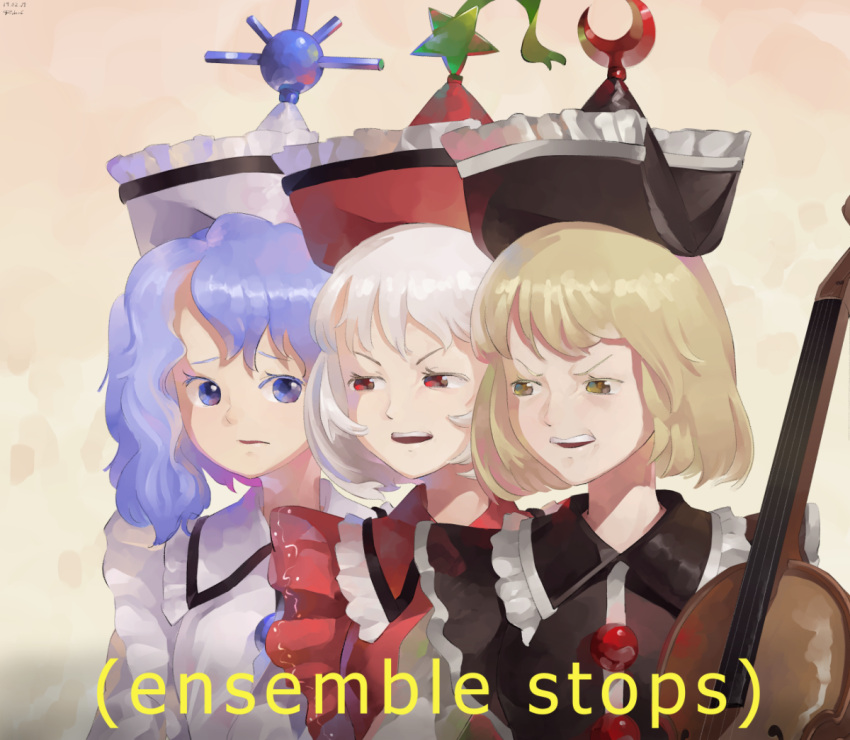 3girls, blonde_hair, blue_eyes, blue_hair, buttons, crescent, dated, disgust