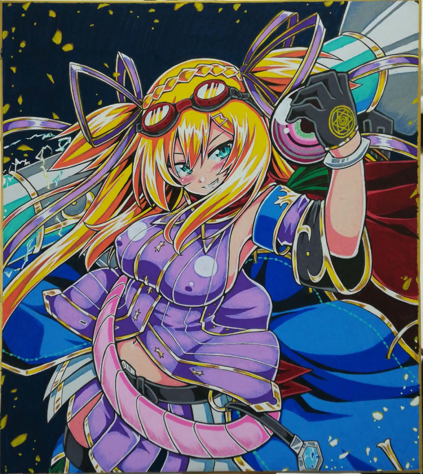 1girl, black_gloves, black_legwear, blonde_hair, blue_eyes, blush, breasts, capelet