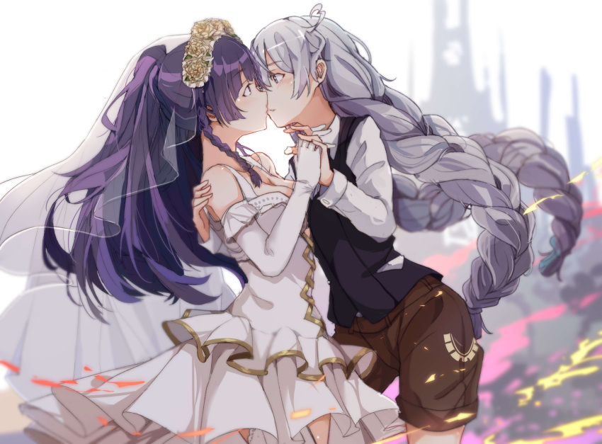 2girls, absurdres, bare_shoulders, black_vest, blush, braid, breasts, bridal_veil, bride, brown_shorts, cleavage, commentary_request, couple, dress, elbow_gloves, eye_contact, flower, gloves, hair_between_eyes, hair_flower, hair_ornament, hand_holding, highres, honkai_(series), honkai_impact_3, imminent_kiss, kiana_kaslana, long_hair, long_sleeves, looking_at_another, multiple_girls, pleated_dress, profile, purple_hair, raiden_mei, shirt, shorts, silver_hair, twin_braids, veil, very_long_hair, vest, wedding_dress, white_dress, white_gloves, white_shirt, wife_and_wife, xuu_shi_times, yuri