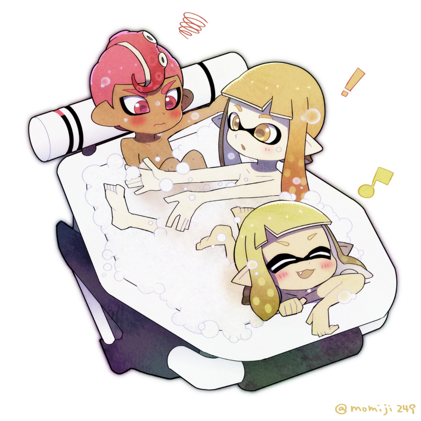!, 1boy, 2girls, 3:, :3, :o, ^_^, bangs, bloblobber_(splatoon), blonde_hair, blunt_bangs, blush, closed_eyes, closed_eyes, closed_mouth, collarbone, dark_skin, dark_skinned_male, domino_mask, eighth_note, fang, highres, inkling, kirikuchi_riku, long_hair, mask, mohawk, multiple_girls, musical_note, nude, octarian, octoling, open_mouth, orange_eyes, orange_hair, pink_eyes, pink_hair, pointy_ears, short_hair, simple_background, soap_bubbles, splatoon, splatoon_(series), splatoon_2, squiggle, suction_cups, tentacle_hair, twitter_username, white_background