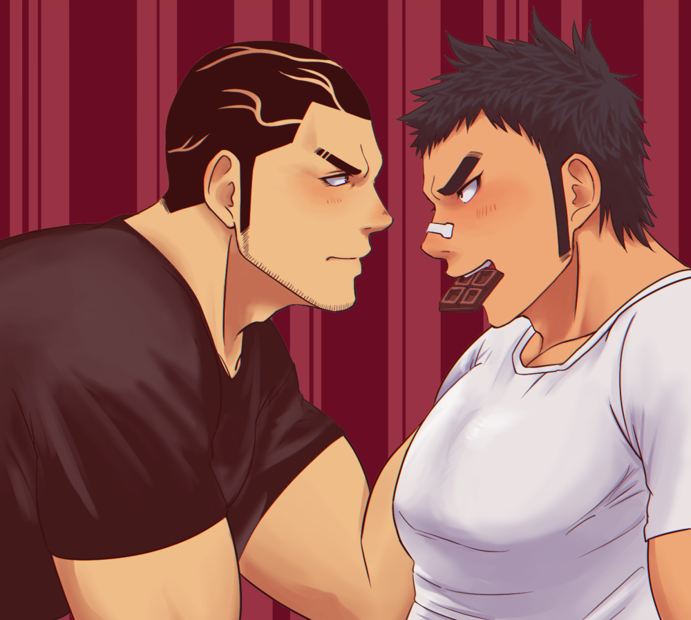 2boys, araki_gennosuke, black_hair, black_shirt, blush, chocolate, domodomoch, eye_contact