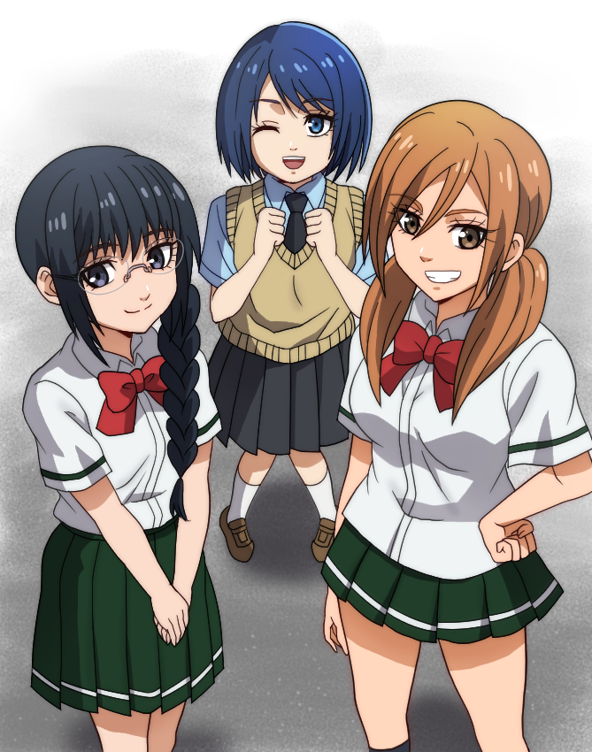 3girls, :d, ;d, bad_proportions, black_eyes, black_hair, black_legwear, black_neckwear
