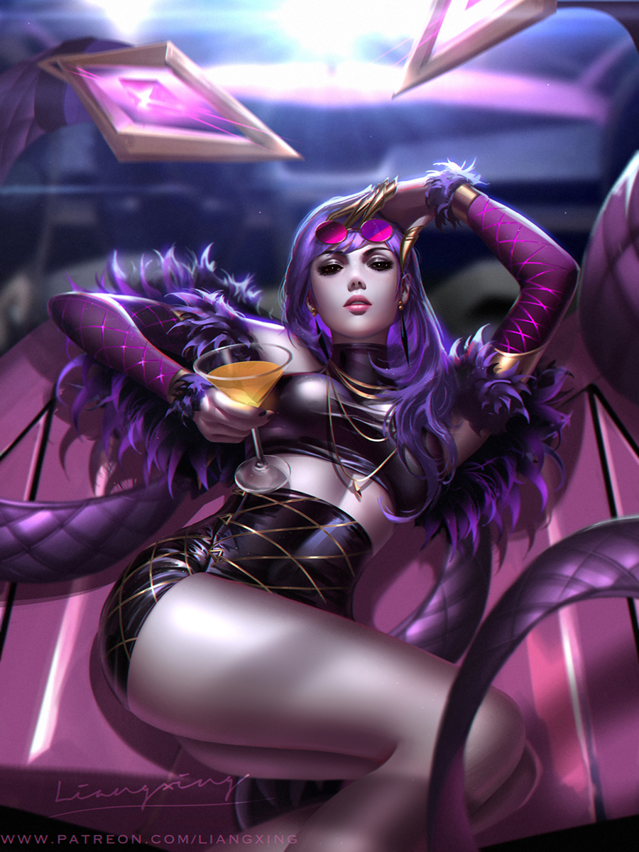 1girl, artist_name, claws, cocktail_glass, commentary, cosplay, cup, detached_sleeves, drinking_glass, english_commentary, evelynn, evelynn_(cosplay), eyewear_on_head, fur_trim, glasses, high-waist_skirt, highres, holding, holding_cup, jewelry, k/da_(league_of_legends), k/da_evelynn, league_of_legends, liang_xing, lips, long_hair, looking_at_viewer, lying, midriff, necklace, nose, on_back, overwatch, patreon_username, purple_hair, purple_skin, signature, skirt, solo, widowmaker_(overwatch)