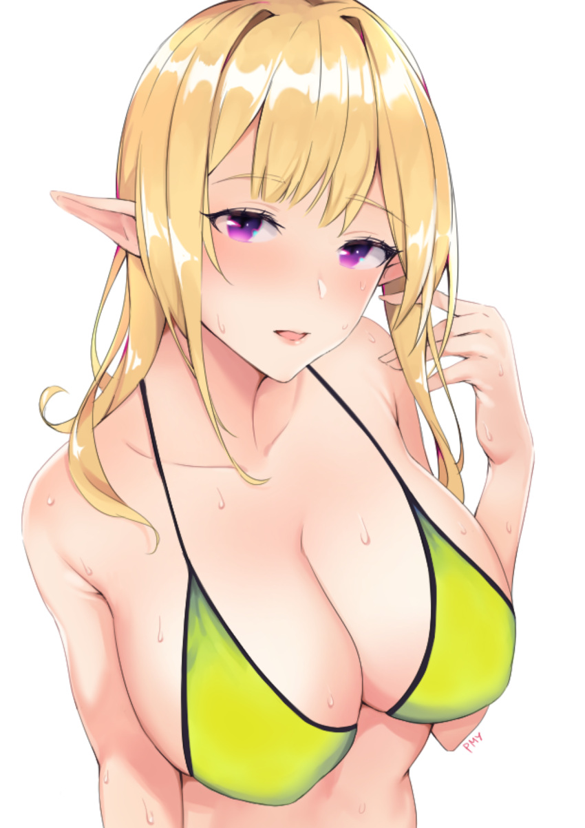1girl, bikini, blonde_hair, breasts, cleavage, elf, from_above, green_bikini