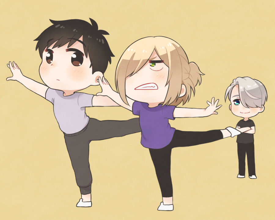 3boys, black_hair, blonde_hair, blue_eyes, brown_eyes, clenched_teeth, crossed_arms, green_eyes