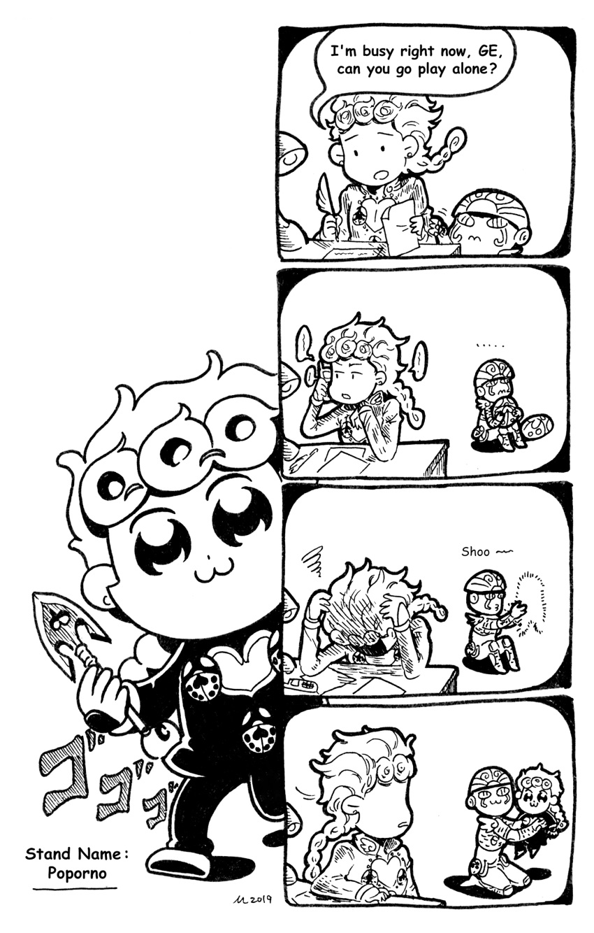 ..., 2019, 2boys, 3:, 4koma, :3, arrow, badge, bkub_(style), clone, comic, commentary, desk, english_text, giorno_giovanna, gold_experience, greyscale, heart_cutout, highres, jojo_no_kimyou_na_bouken, kutaraa, monochrome, multiple_boys, phone, poptepipic, quill, sound_effects, spoken_ellipsis, stand_(jojo), talking_on_phone, traditional_media, vento_aureo