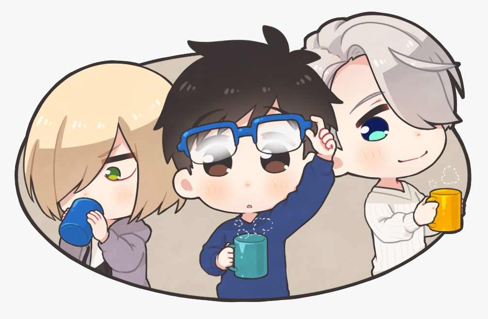 3boys, adjusting_eyewear, black_hair, blonde_hair, blue-framed_eyewear, blue_eyes, brown_eyes, cup