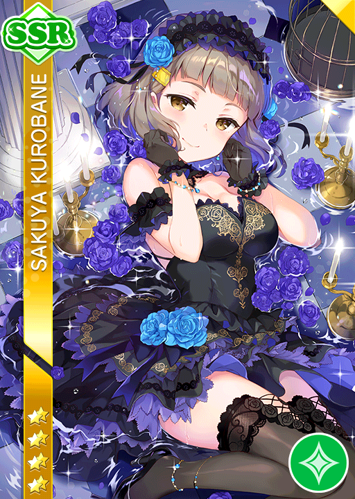 blush, character_name, dress, gloves, grey_hair, kurobane_sakuya, love_live!_school_idol_festival, short_hair, smile, violet_eyes