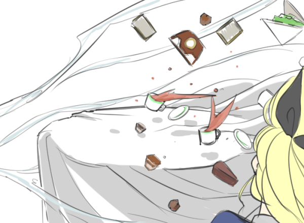 1girl, assam, black_ribbon, blonde_hair, food, fuji_(fuji_mount3333), girls_und_panzer, hair_ribbon