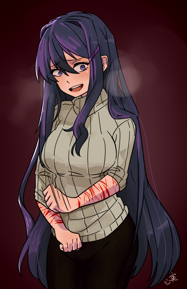 1girl, bleeding, blood, blush, breasts, doki_doki_literature_club, hair_between_eyes, heavy_breathing