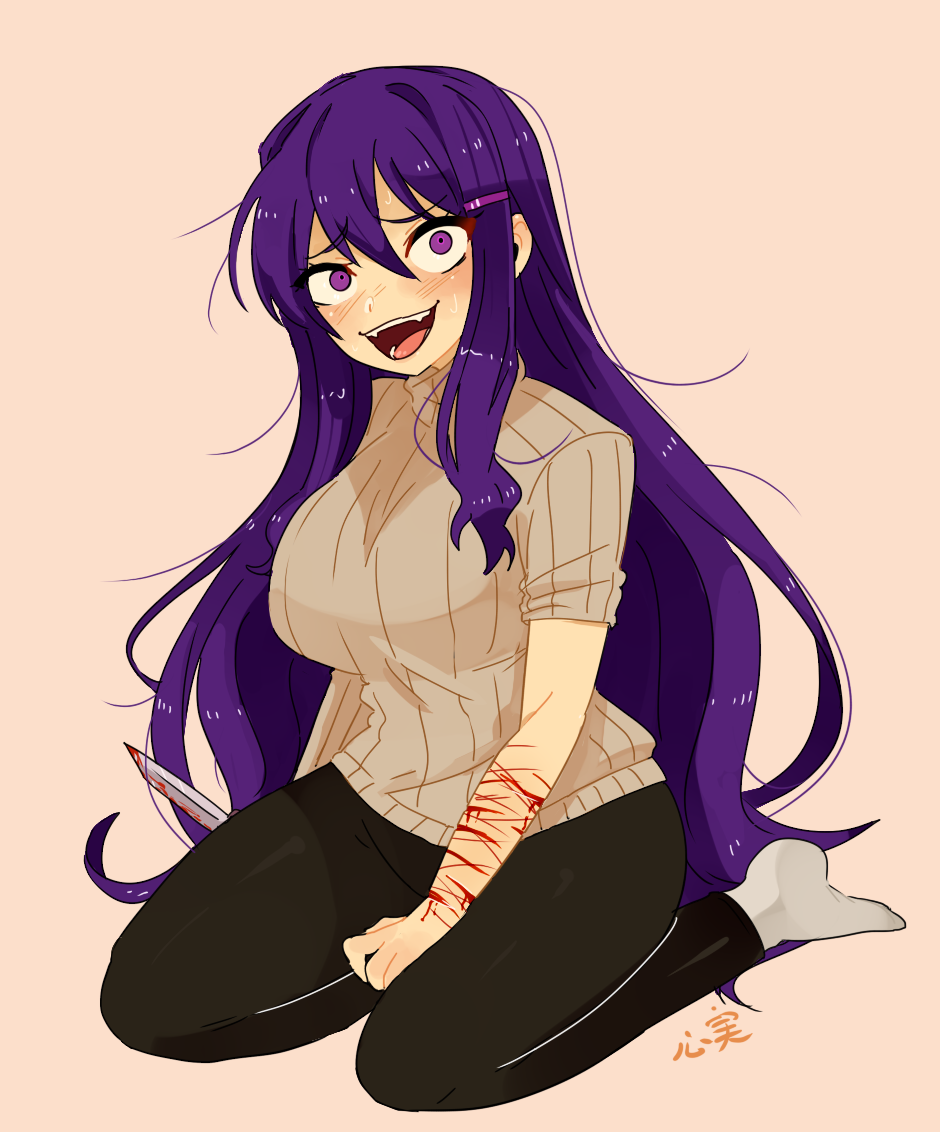 1girl, bleeding, blood, blush, breasts, crazy_eyes, crazy_smile, doki_doki_literature_club, hair_between_eyes, hair_ornament, hairclip, knife, kokomi_(aniesuakkaman), large_breasts, long_hair, long_sleeves, open_mouth, purple_hair, sweater, violet_eyes, wrist_cutting, yandere, yuri_(doki_doki_literature_club)