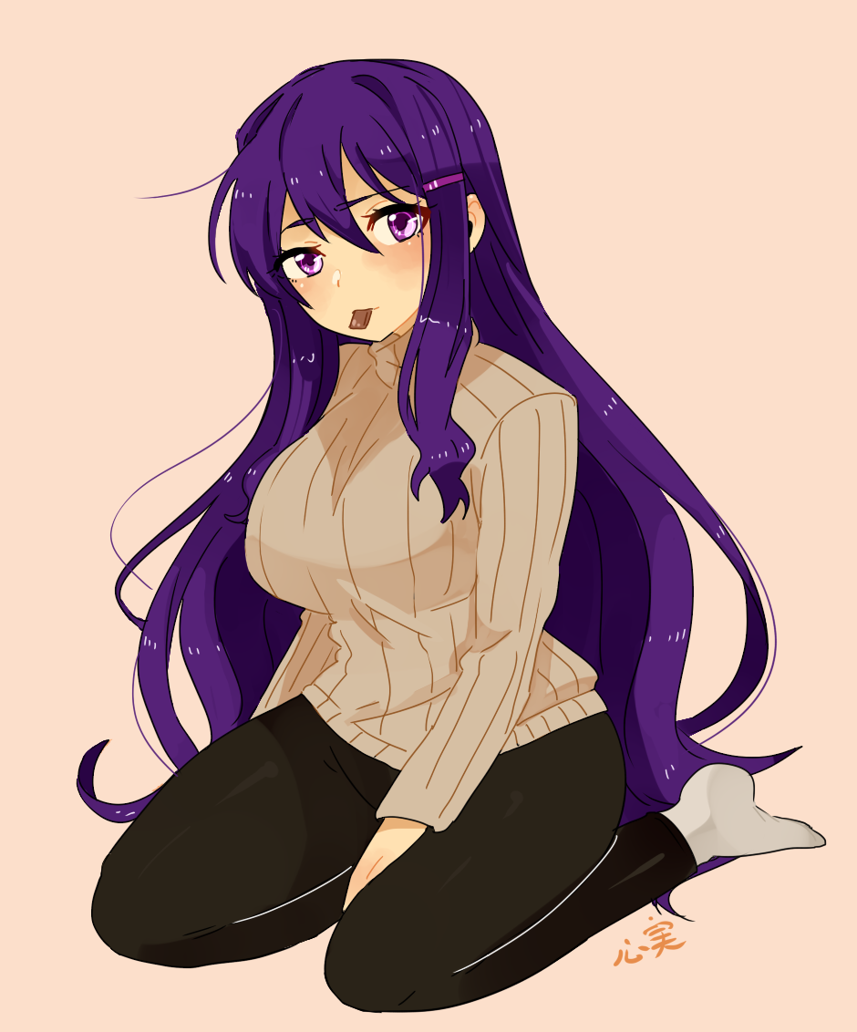 1girl, black_pants, blush, breasts, chocolate, doki_doki_literature_club, hair_between_eyes, kokomi_(aniesuakkaman)