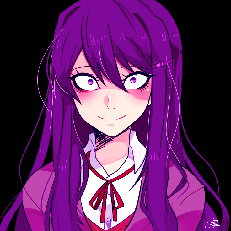 1girl, blush, collar, crazy_eyes, crazy_smile, doki_doki_literature_club, hair_between_eyes, hair_ornament