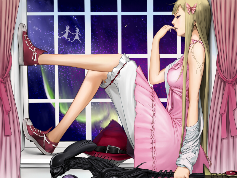 800x600, bad_id, blonde_hair, bloomers, dress, long_hair, no_socks, penpen_(artist)