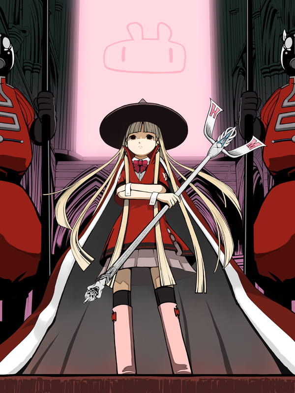 blonde_hair, cape, crossed_arms, guards, hat, long_hair, original, penpen_(artist)