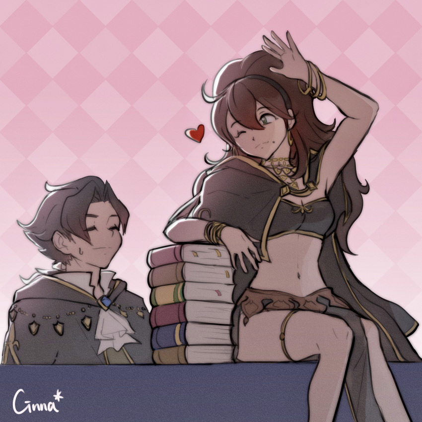 1boy, 1girl, alternate_costume, book, bracelet, brown_hair, cape, cinna_sata, cyrus_(octopath_traveler), dancer, dress, gloves, green_eyes, highres, jewelry, long_hair, necklace, octopath_traveler, one_eye_closed, open_mouth, ponytail, primrose_azelhart, short_hair, simple_background, smile