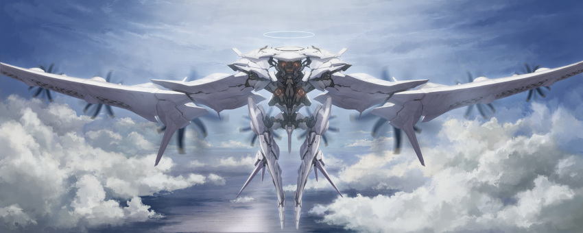 1girl, ace_combat, ace_combat_7, arsenal_bird, blue_hair, clouds, flying, halo