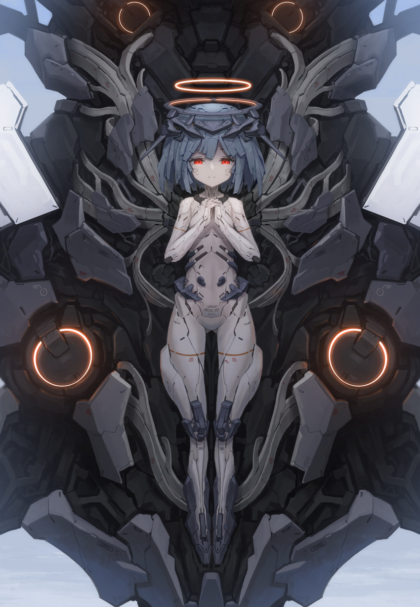 1girl, ace_combat, ace_combat_7, arsenal_bird, blue_hair, breasts, half-closed_eyes, halo, hands_clasped, headgear, highres, mecha_musume, no_feet, own_hands_together, pale_skin, personification, red_eyes, robot_joints, small_breasts, tom-neko_(zamudo_akiyuki), weapon