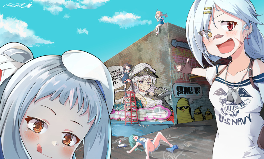 6+girls, absurdres, azur_lane, bare_shoulders, blue_hair, blush, breasts, cassin_(azur_lane)