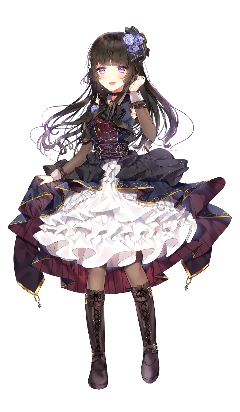 1girl, :d, ascot, bang_dream!, bangs, black_choker, black_footwear, black_hair