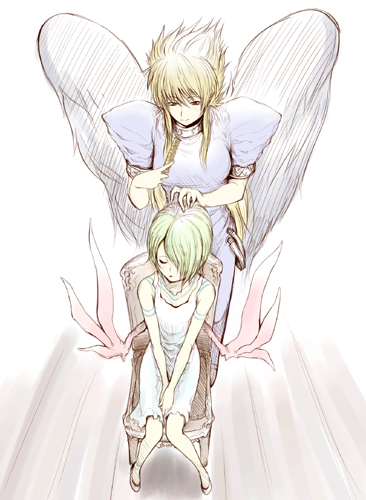 black_wings, blonde_hair, breath_of_fire, breath_of_fire_ii, breath_of_fire_v, chair, dress, green_hair