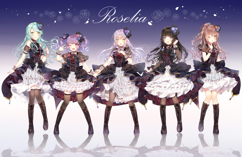 5girls, :d, ;), ;d, aqua_hair, aqua_rose, ascot, bang_dream!