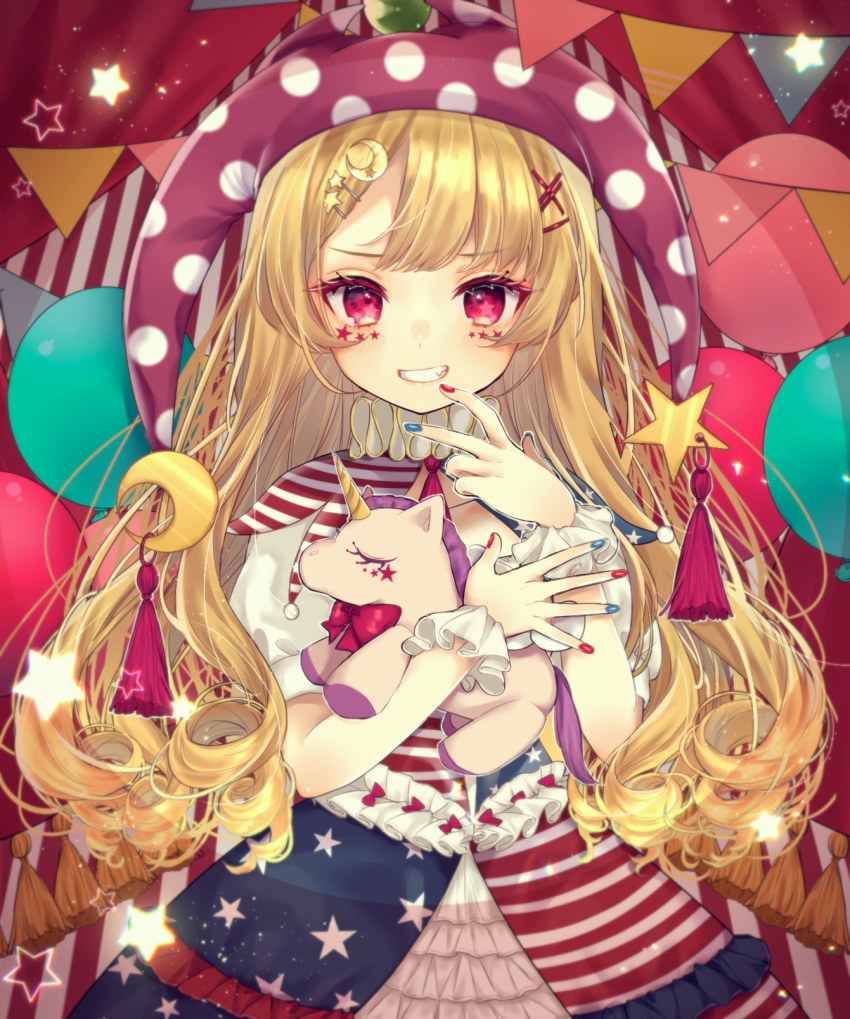 1girl, american_flag_skirt, bangs, blonde_hair, blue_nails, blue_skirt, blush, bow, bowtie, clownpiece, commentary_request, cowboy_shot, crescent, crescent_hair_ornament, curtains, eyebrows_visible_through_hair, eyelashes, grin, hair_ornament, hairclip, hand_up, hat, highres, jester_cap, light_particles, long_hair, looking_at_viewer, nail_polish, neck_ruff, petticoat, polka_dot, polka_dot_hat, puffy_short_sleeves, puffy_sleeves, purple_hat, red_background, red_bow, red_eyes, red_nails, red_neckwear, red_skirt, shirt, short_sleeves, skirt, smile, solo, standing, star, star_print, string_of_flags, striped, striped_background, striped_skirt, stuffed_animal, stuffed_toy, stuffed_unicorn, touhou, very_long_hair, white_background, white_shirt, white_skirt, wrist_cuffs, x_hair_ornament, yedan