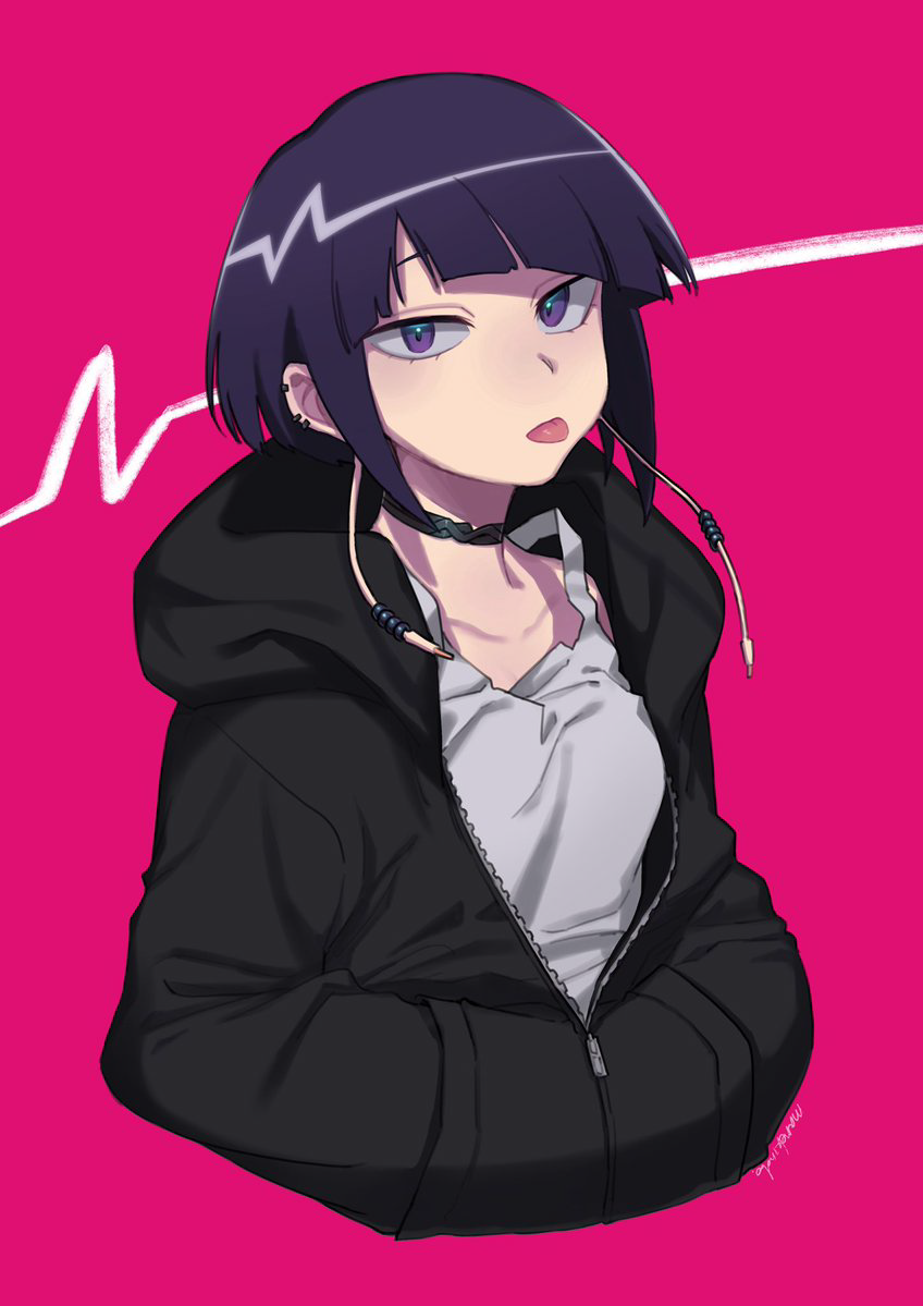 1girl, :p, bangs, black_choker, black_hair, black_hoodie, blunt_bangs, boku_no_hero_academia