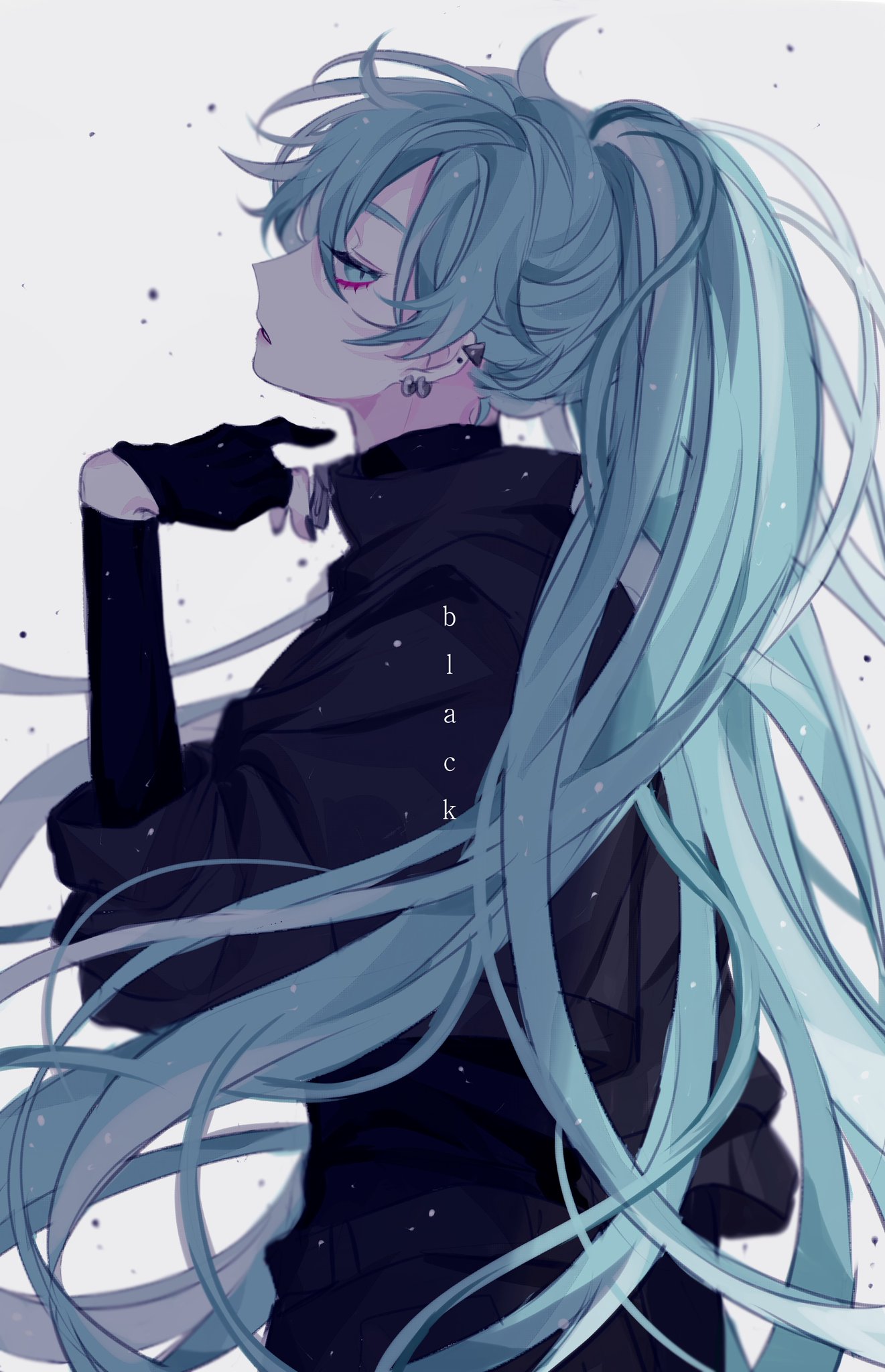1girl, alternate_costume, bakku_(fspz4427), black_gloves, black_nails, black_shirt, blue_hair, commentary, earrings, english_text, expressionless, fingerless_gloves, fingernails, gloves, grey_background, hatsune_miku, head_tilt, highres, jewelry, long_hair, long_sleeves, looking_away, messy_hair, nail_polish, profile, shirt, simple_background, single_glove, solo, standing, text_focus, very_long_hair, vocaloid, zipper