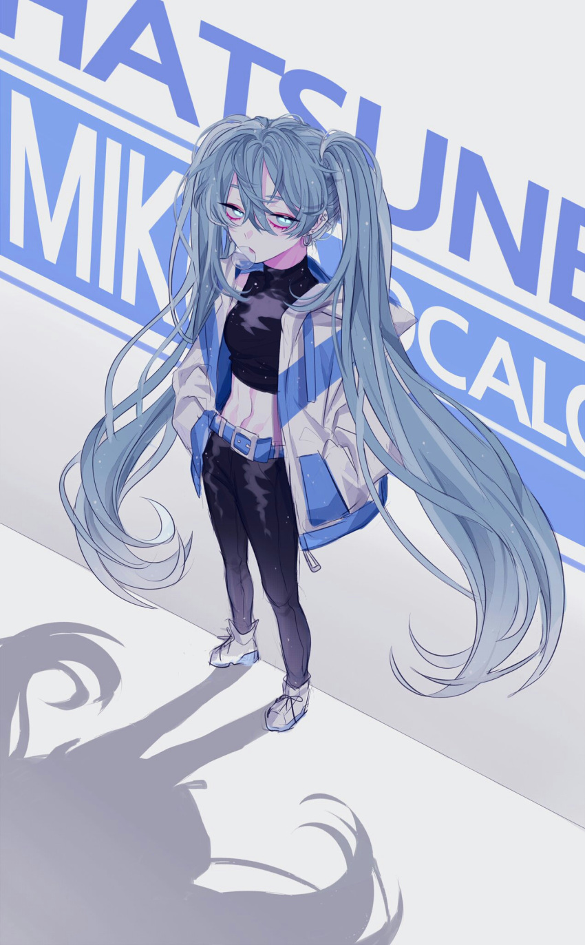 1girl, against_wall, alternate_costume, bakku_(fspz4427), belt, black_tank_top, blue_hair, boots