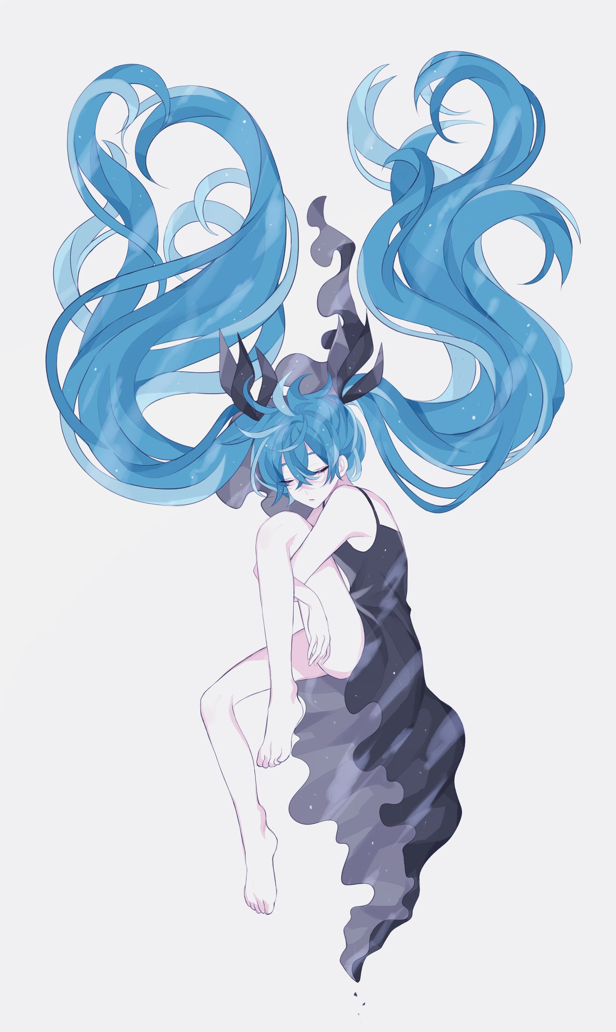 1girl, bakku_(fspz4427), bare_arms, bare_shoulders, barefoot, black_dress, black_ribbon, blue_hair