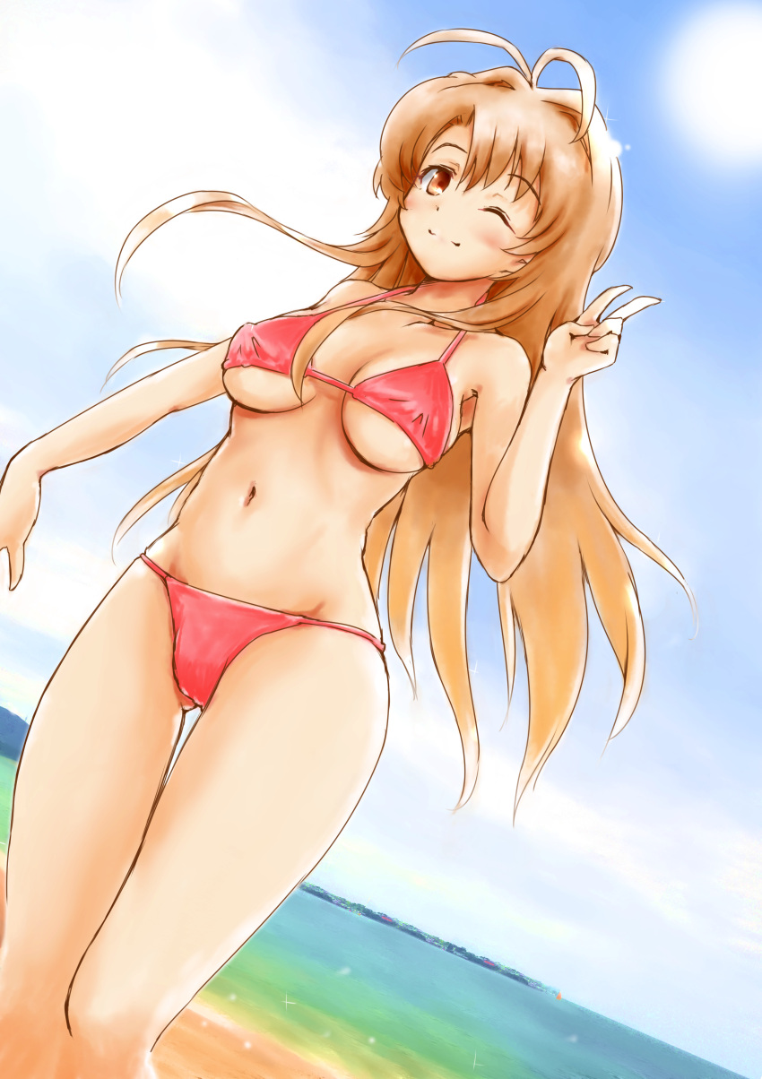 1girl, ;), absurdres, antenna_hair, bikini, blue_sky, breasts, brown_eyes