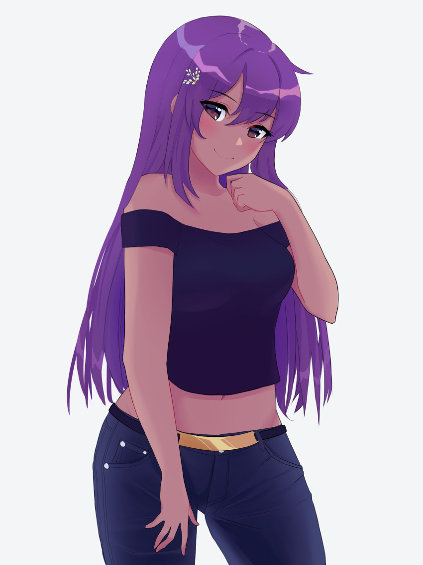 1girl, bare_shoulders, belt, blush, brown_eyes, closed_mouth, crop_top, dark_skin, denim, eyebrows_visible_through_hair, hair_ornament, highres, jeans, long_hair, looking_at_viewer, navel, original, pants, purple_hair, simple_background, smile, solo, sweetie_cyanide, very_long_hair, white_background