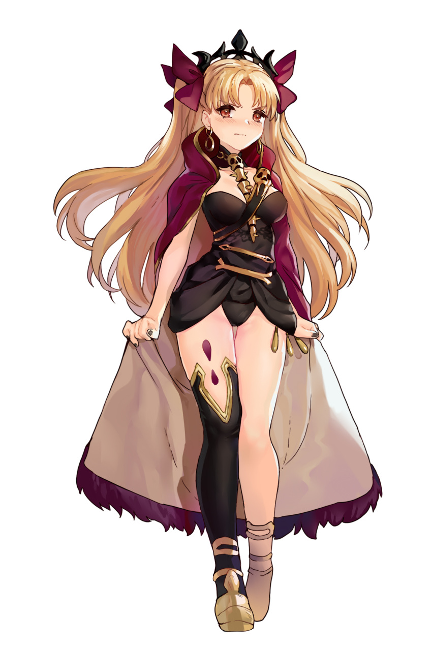 1girl, anklet, asymmetrical_legwear, asymmetrical_sleeves, bangs, between_breasts, black_legwear, black_leotard, black_nails, blonde_hair, bow, breasts, cape, cape_grab, closed_mouth, crown, earrings, ereshkigal_(fate/grand_order), fate/grand_order, fate_(series), frown, full_body, gold, gold_trim, hair_bow, highres, hood, hooded_cape, hoop_earrings, jewelry, leotard, long_hair, looking_at_viewer, medium_breasts, nail_polish, parted_bangs, purple_bow, purple_cape, red_eyes, simple_background, single_sleeve, single_thighhigh, skull, solo, spine, standing, thigh-highs, two_side_up, very_long_hair, white_background, wumumu, yellow_footwear