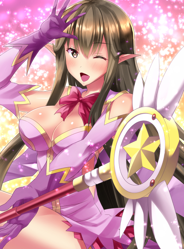 :d, blush, breasts, brown_eyes, brown_hair, cleavage, cosplay, dress