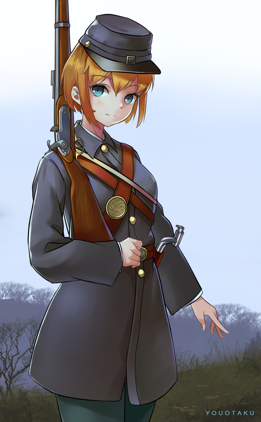 1girl, absurdres, american_civil_war, antique_firearm, bayonet, blonde_hair, blue_eyes, commentary, firearm, gun, hat, highres, military, military_hat, military_uniform, musket, original, short_hair, solo, uniform, weapon, youotaku