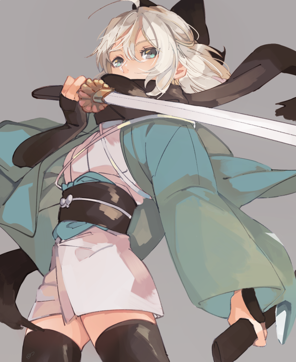 1girl, ahoge, bangs, black_legwear, black_scarf, blue_eyes, breasts, covered_mouth