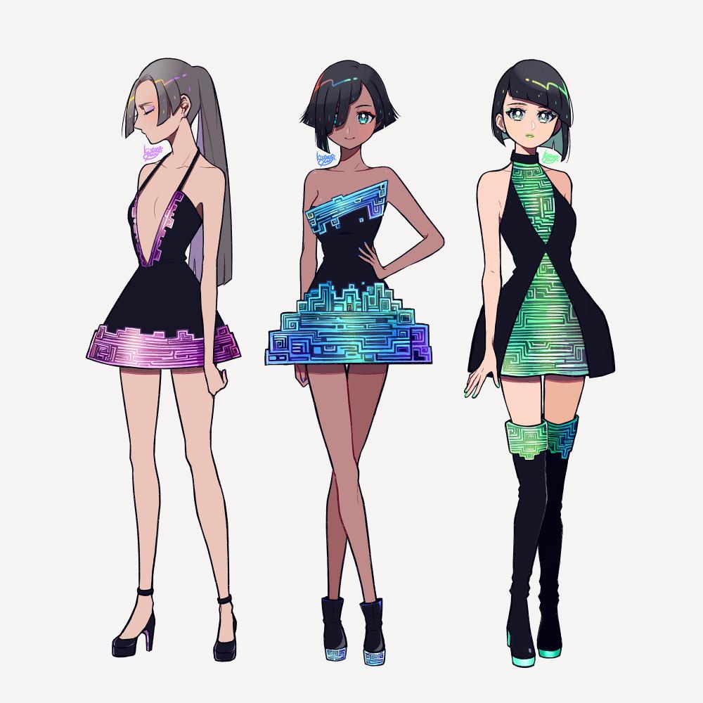 3girls, bangs, bare_shoulders, bismuth, black_footwear, black_hair, black_legwear, blue_dress, blunt_bangs, boots, breasts, closed_eyes, collarbone, dark_skin, dress, full_body, green_dress, grey_hair, hair_over_one_eye, halterneck, hand_on_hip, high_heels, kisaragi_yuu_(fallen_sky), long_hair, looking_at_viewer, multicolored, multicolored_clothes, multicolored_dress, multiple_girls, original, ponytail, profile, purple_dress, shiny, shiny_hair, shoes, short_hair, signature, simple_background, small_breasts, smile, standing, thigh-highs, thigh_boots, white_background