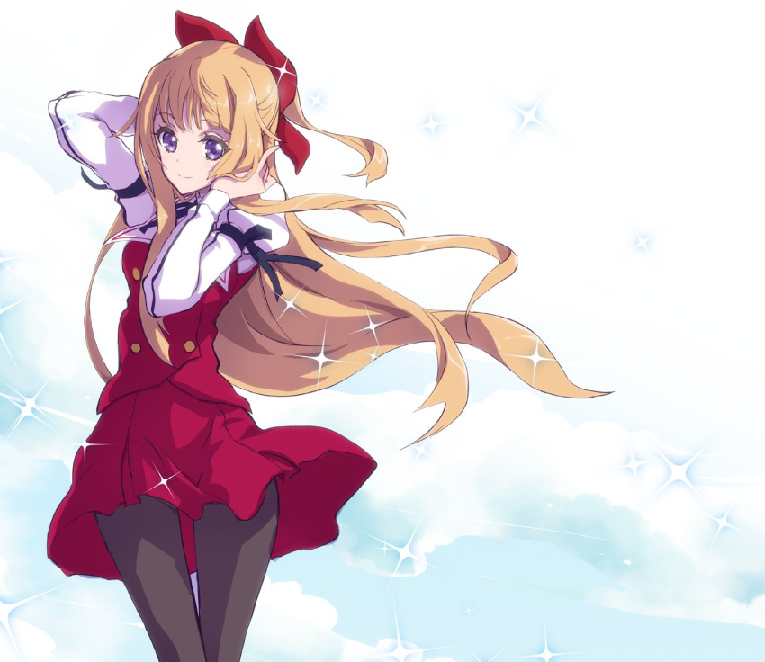 1girl, arms_up, black_legwear, blonde_hair, bow, closed_mouth, floating_hair, hair_bow
