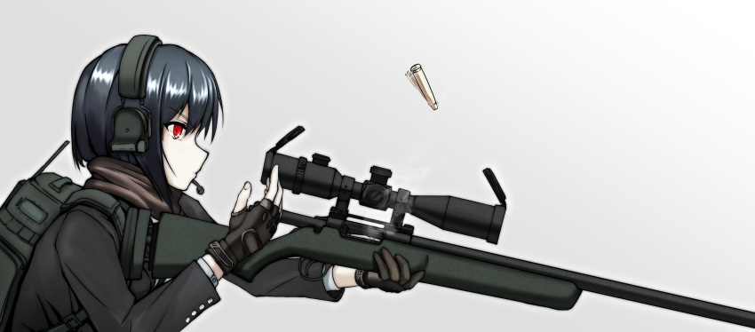 absurdres, backpack, bag, black_hair, bolt_action, commentary, fingerless_gloves, gloves