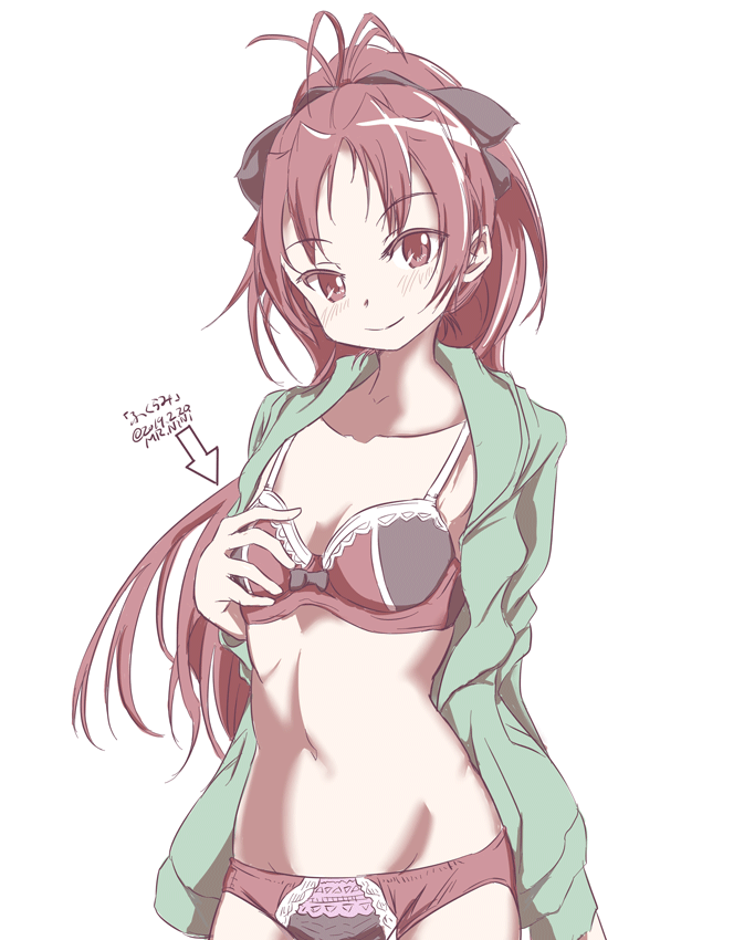1girl, ahoge, blush, bra, breasts, cleavage, cowboy_shot, green_hoodie, groin, hand_on_own_chest, hood, hoodie, lace, lace-trimmed_bra, lace-trimmed_panties, mahou_shoujo_madoka_magica, mr_nini, navel, open_clothes, panties, pink_eyes, pink_hair, ponytail, sakura_kyouko, small_breasts, smile, solo, translated, underwear