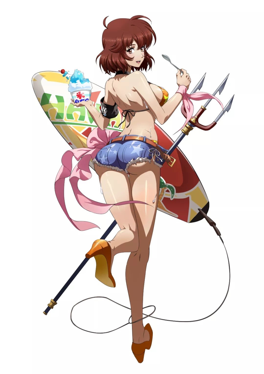 1girl, ahoge, armband, ass, ass_visible_through_thighs, bare_arms, bare_back, bare_shoulders, bikini, bow, breasts, brown_eyes, brown_hair, cherry, denim, flare_(langrisser), food, from_behind, fruit, full_body, high_heels, highres, hip_focus, holding, ice, langrisser, langrisser_iii, langrisser_mobile, large_breasts, leg_up, legs, looking_at_viewer, looking_back, official_art, open_mouth, polearm, shaved_ice, short_shorts, shorts, sideboob, solo, spoon, surfboard, surfboard_leash, sweat, swimsuit, tag, teeth, thighs, tongue, trident, weapon, white_background