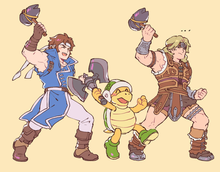 ..., 3boys, armpits, axe, blonde_hair, blush_stickers, boots, bracer, brown_footwear, brown_hair, castlevania, clenched_hands, gloves, hammer, hammer_brothers, headband, helmet, highres, holding, holding_weapon, jeepochu, konami, male_focus, super_mario_bros., multiple_boys, muscle, nintendo, pelvic_curtain, richter_belmondo, shell, simon_belmondo, sleeveless, smile, super_mario_bros., super_smash_bros., super_smash_bros._ultimate, turtle, weapon