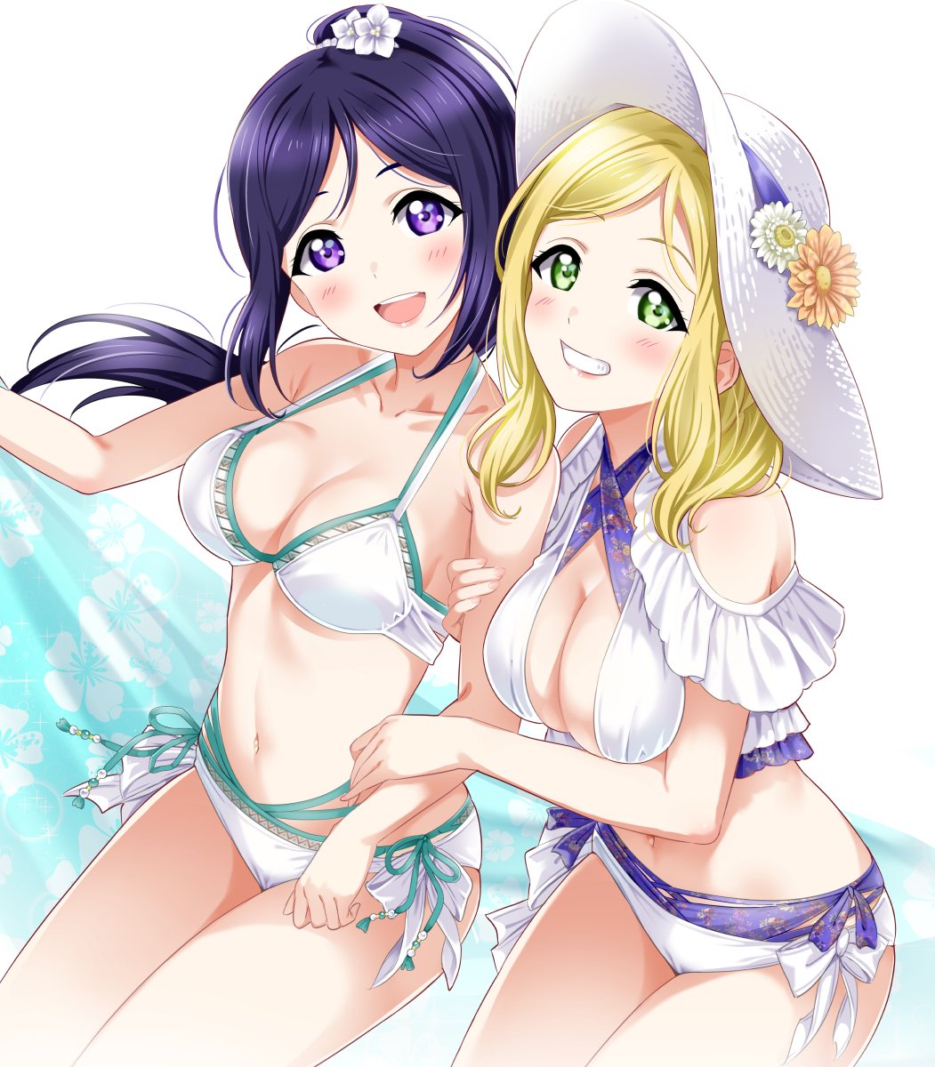 2girls, bangs, bare_arms, bare_legs, bikini, blonde_hair, blue_hair, blue_towel